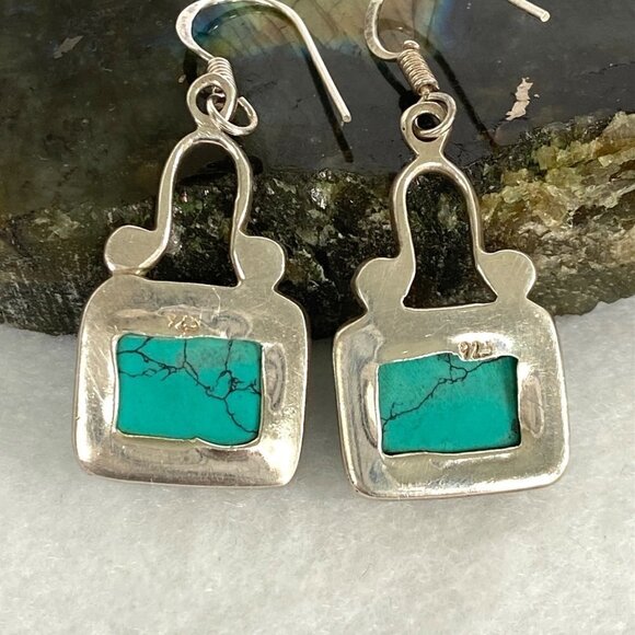 Sterling Silver 925 1.64" Rectangular Bezel Set Faux Turquoise Dangle Earrings - Picture 7 of 16